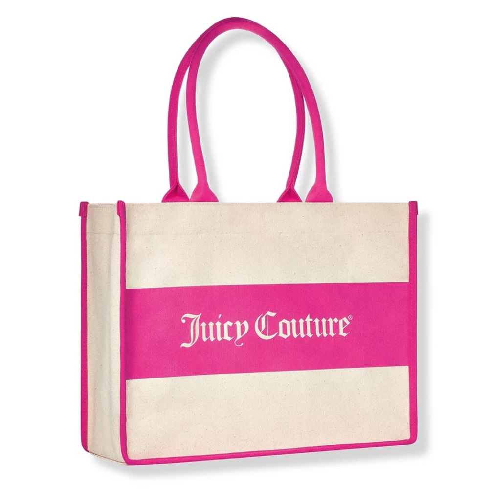 Juicy Couture Hot Pink & Cream Canvas Medium Tote Shoulder Bag Lined Barbie